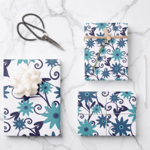 Blaues und Aquamarines Blumenmuster Geschenkpapier Set