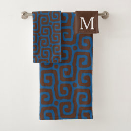 Blaues und braunes abstraktes Muster Monogramm Nam Badhandtuch Set