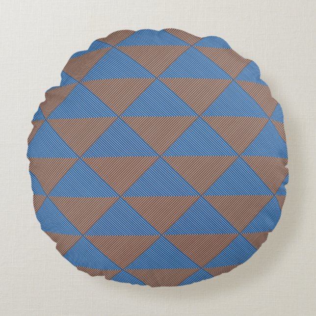 Blaues und braunes geometrisches Diamantmuster | M Rundes Kissen (Vorderseite)