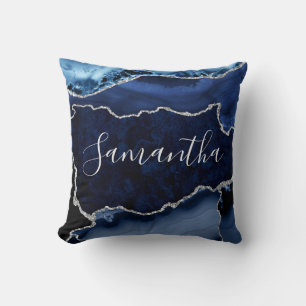 Blaues und falsches Silber-Glitter-Marmor-Achat Kissen