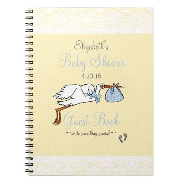 Blaues und gelbes Babyparty-Storch-Gast-Buch Notizblock (Vorderseite)