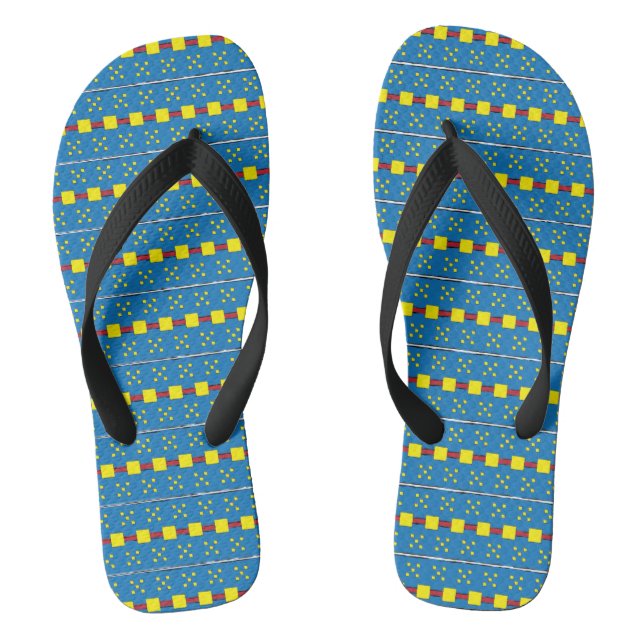 Blaues und gelbes geometrisches Kunstmuster Flip Flops (Fußbett)