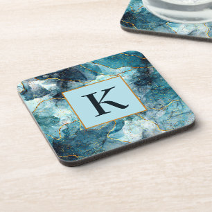 Blaues und goldenes glitzerndes Marmor-Monogramm Getränkeuntersetzer