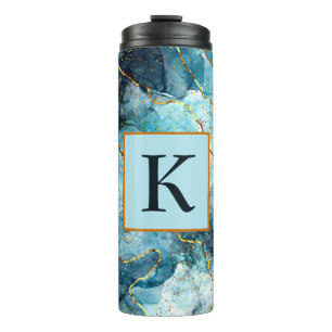 Blaues und goldenes glitzerndes Marmor-Monogramm Thermosbecher