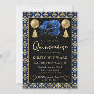 Blaues und goldenes Herz Damast & Rose Quinceanera Einladung
