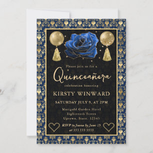 Blaues und goldenes Herz Damast & Rose Quinceanera Einladung