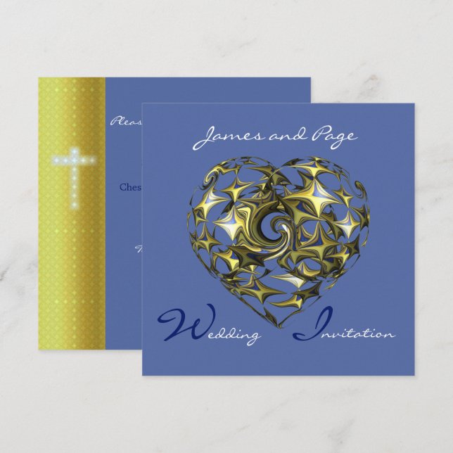 Blaues und goldenes Herz mit Cross Einladung (Vorne/Hinten)