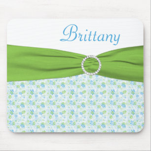 Blaues und grünes BlumenMousepad mit Namen Mousepad