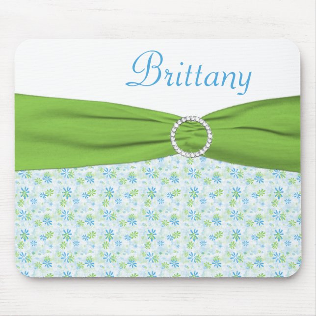 Blaues und grünes BlumenMousepad mit Namen Mousepad (Vorne)