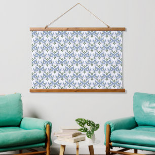 blaues und grünes Damast-Ornament Pointillismus Wandteppich Mit Holzrahmen