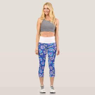 Blaues und lila Blumenmuster Capri Leggings