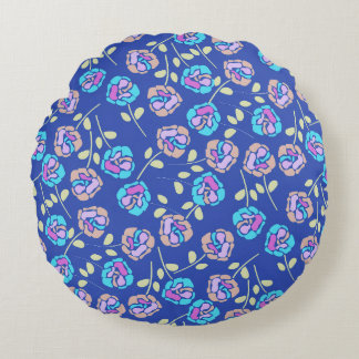 Blaues und lila Blumenmuster Rundes Kissen