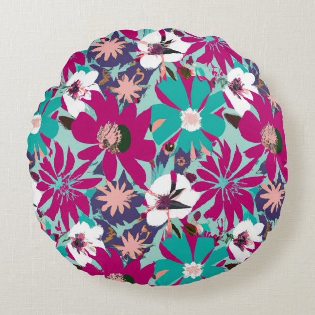 Blaues und Lila Blumenmuster Rundes Kissen (Vorderseite)