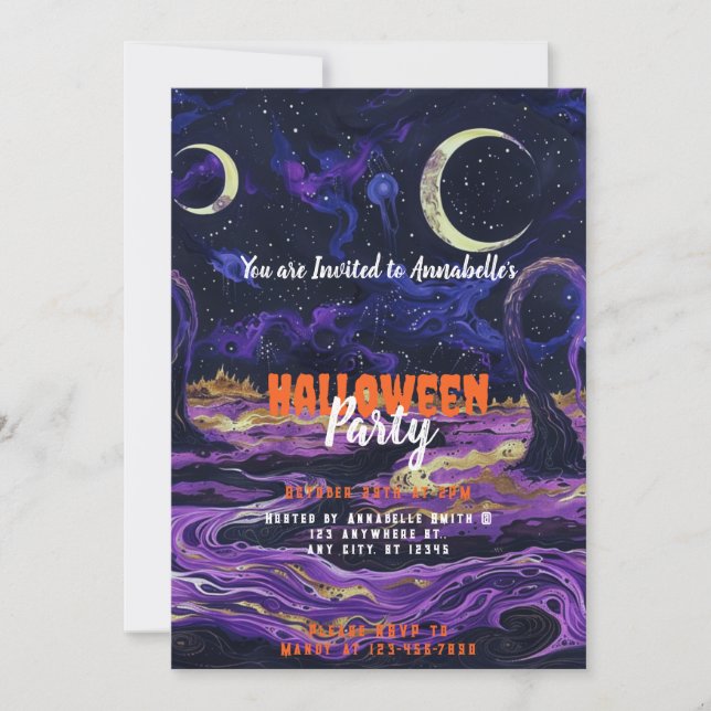 Blaues und Lila Sky Crescent Moon Halloween-Party Einladung (Vorderseite)