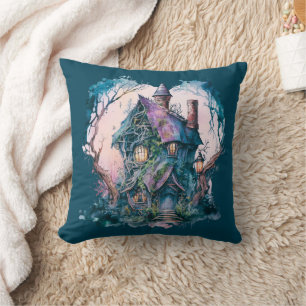 Blaues und lila Spukhaus Blau Halloween Kissen