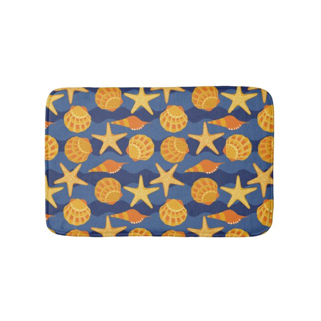 Blaues und orange Seashell-Muster Badematte (Vorderseite)