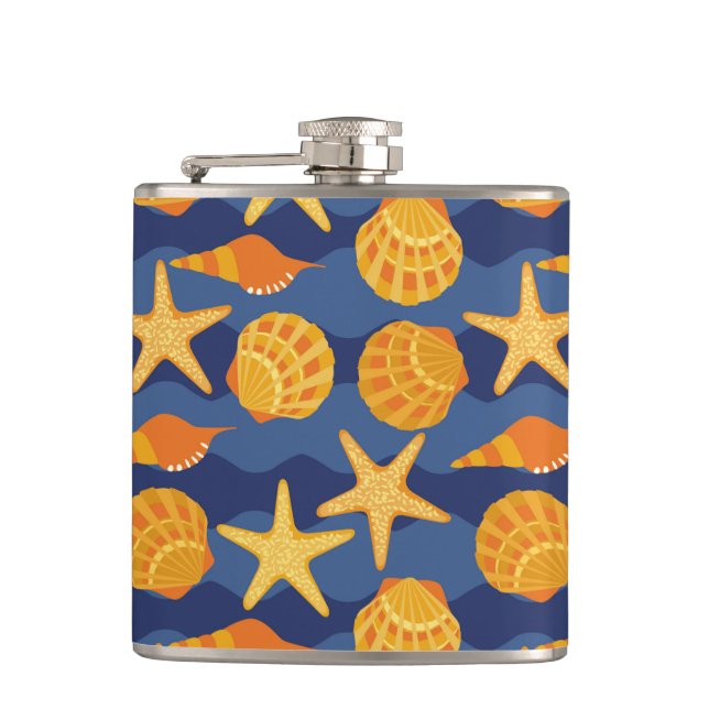 Blaues und orange Seashell-Muster Flachmann (Vorderseite)