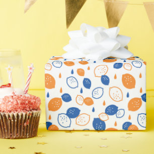Blaues und orangefarbenes Lemon-Muster, spielerisc Geschenkpapier