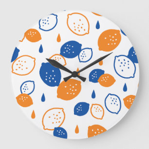 Blaues und orangefarbenes Lemon-Muster, spielerisc Große Wanduhr