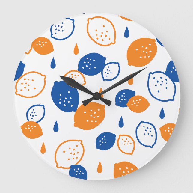 Blaues und orangefarbenes Lemon-Muster, spielerisc Große Wanduhr (Vorderseite)