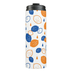 Blaues und orangefarbenes Lemon-Muster, spielerisc Thermosbecher