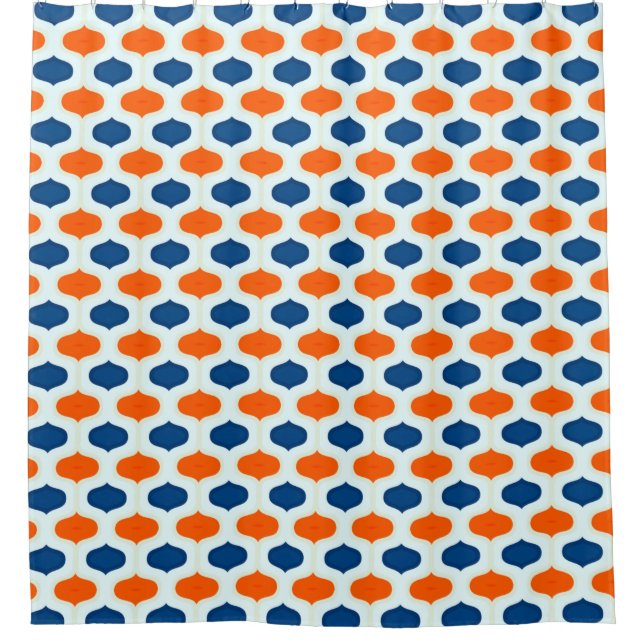 Blaues und orangefarbenes Mod-Revival-Muster Duschvorhang (Vorderseite)