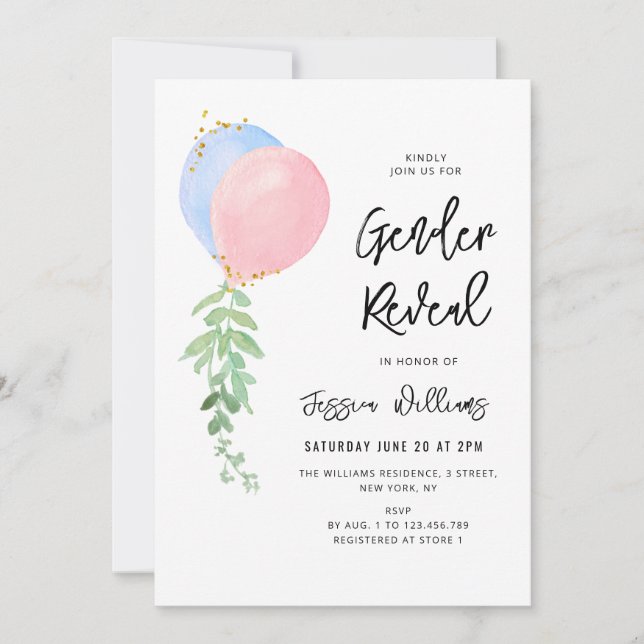 Blaues und rosa Baloon-Baby Einladung (Vorderseite)