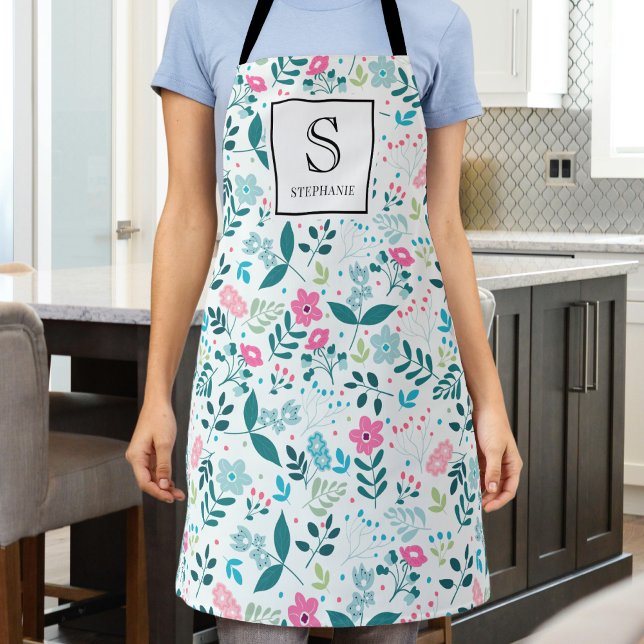 Blaues und rosa Blumenmuster mit Monogramm und Nam Schürze (Von Creator hochgeladen)