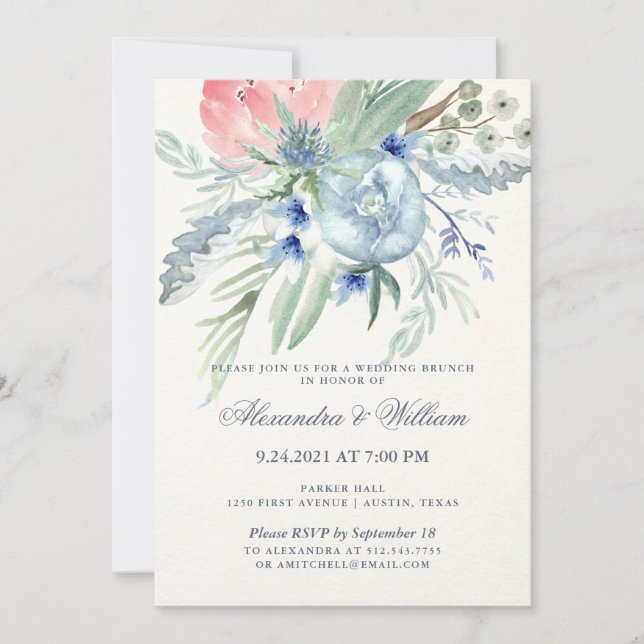 Blaues und rosa Peony Watercolor Hochzeitsbrot Einladung (Vorderseite)