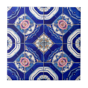 Blaues und rosa portugiesisches Azulejo-Blumenmust Fliese