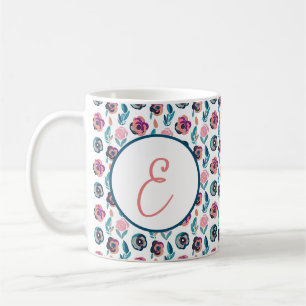 Blaues und rosa Wasserfarben-Blumenmuster-Monogram Kaffeetasse