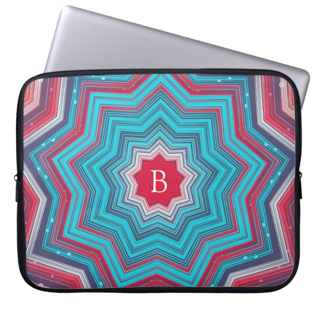 Blaues und rotes Mandala-Rosettenmuster-Monogramm Laptopschutzhülle (Vorderseite)
