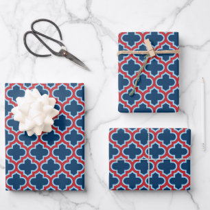 Blaues und rotes marokkanisches Gitter, Gitterwerk Geschenkpapier Set