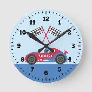 Blaues und rotes Rennwagen-Rennfahrer-Jungen-Bett- Runde Wanduhr