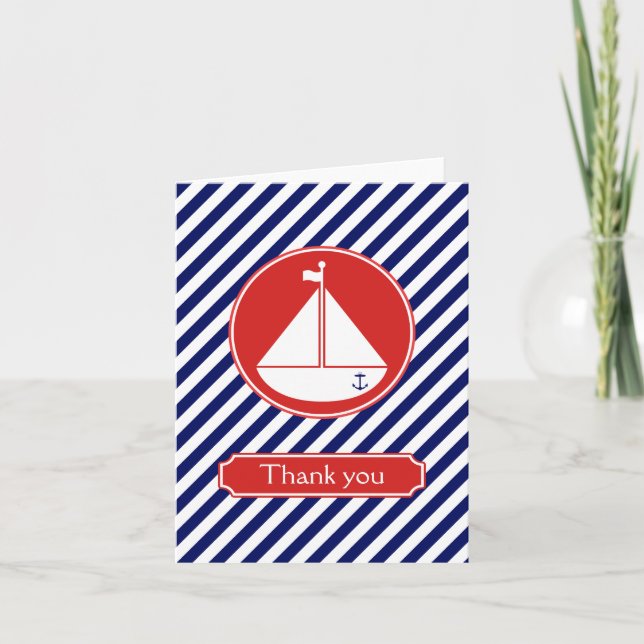 Blaues und rotes Segelboot danken Ihnen Dankeskarte (Vorderseite)