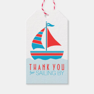Blaues und rotes Segelboot-Seegeburtstags-Party Geschenkanhänger