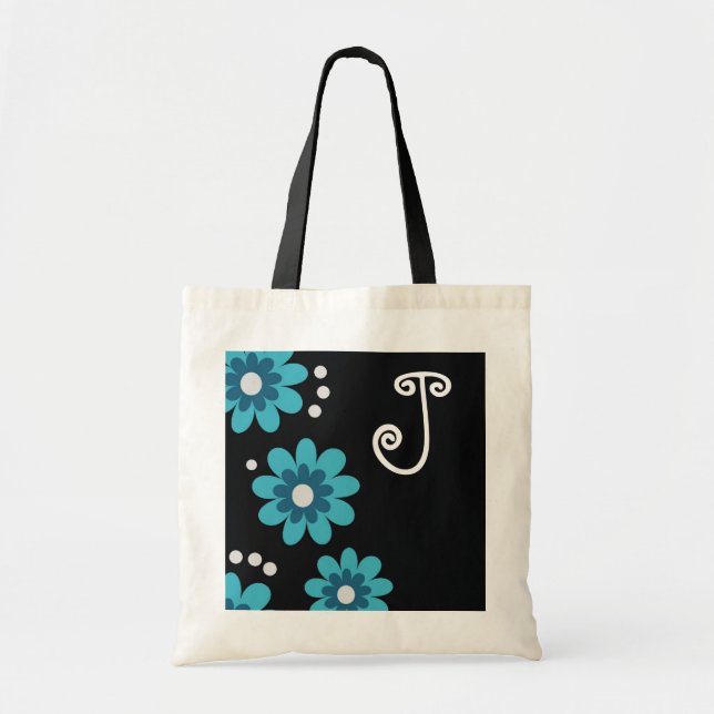 Blaues und schwarzes Blumenmonogramm Tragetasche (Vorne)