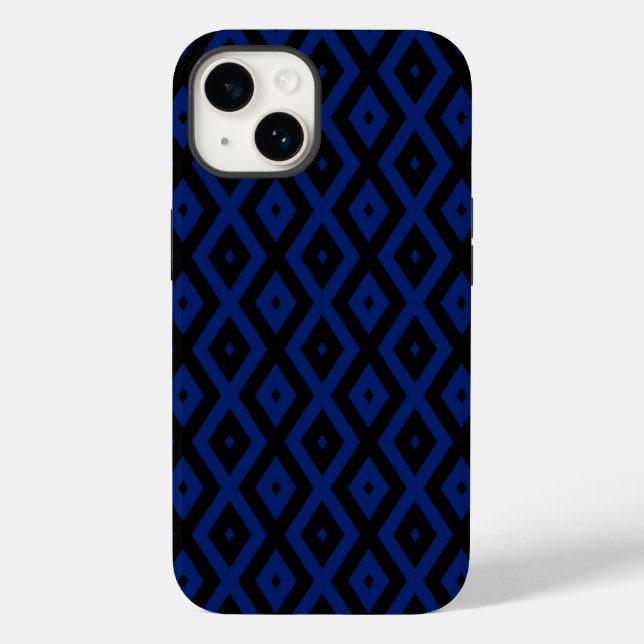 Blaues und schwarzes Rautenmuster Case-Mate iPhone 14 Hülle (Rückseite)