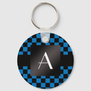 Blaues und schwarzes Schachbrett des Monogramms Schlüsselanhänger