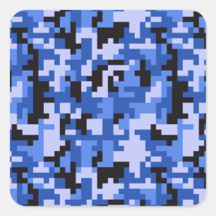 Blaues und schwarzes Wasser-Pixel-Tarnmuster Quadratischer Aufkleber