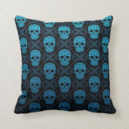 Blaues und schwarzes Zuckerschädel-Muster Kissen