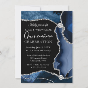 Blaues und silbernes falsches Glitter-Achat-Quince Einladung