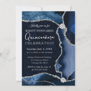 Blaues und silbernes falsches Glitter-Achat-Quince Einladung