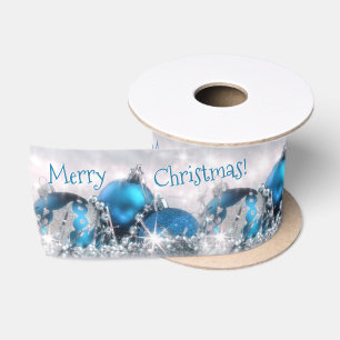 Blaues und silbernes frohe Weihnacht-Satin-Band Satinband