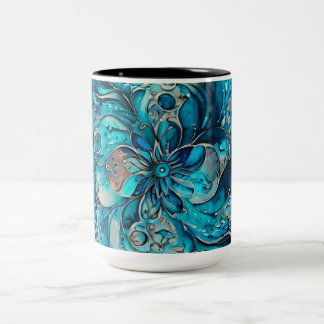 Blaues und Türkises Wasserfarben-Blumen-Mandala Zweifarbige Tasse