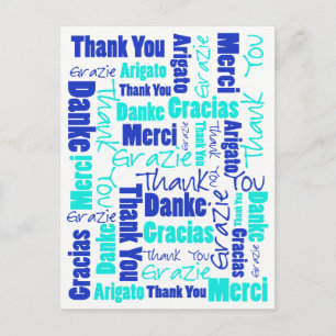 Blaues und Türkisfarbenes multilinguales Dankeschö Postkarte