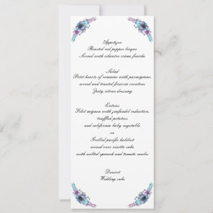 Blaues und violettes Aquarell-Blumen-Hochzeitsmenü Einladung