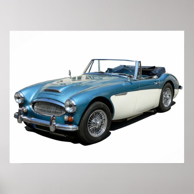 Blaues und weißes Austin Healey 3000 Sportwagen Poster (Vorne)