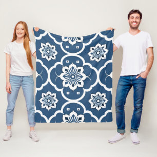 Blaues und weißes Blumenmosaikmuster Fleecedecke