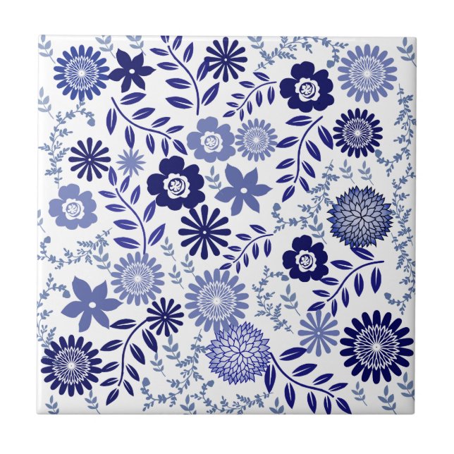 Blaues und weißes Blumenmuster Fliese (Vorderseite)
